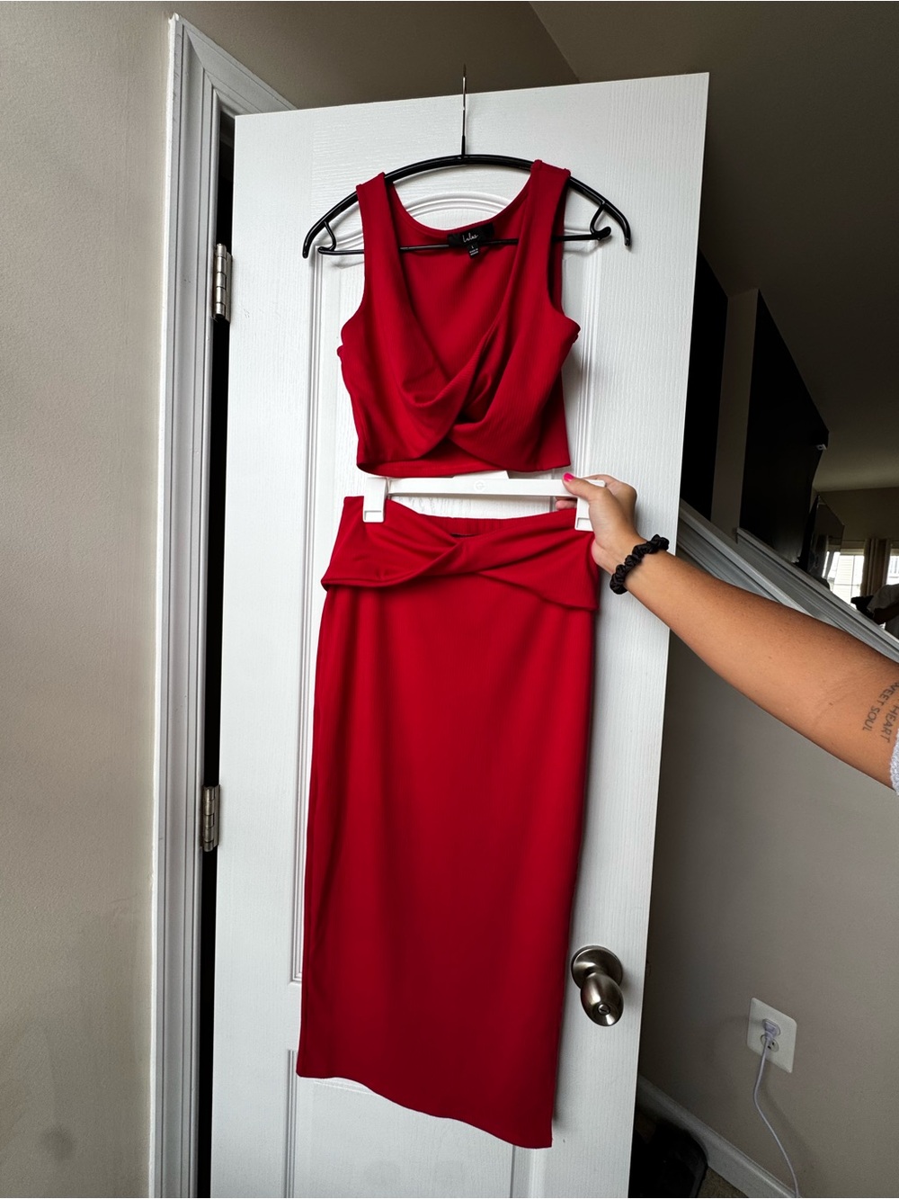 Lulu's Ribbed Red Crop Top & Midi Skirt Set
